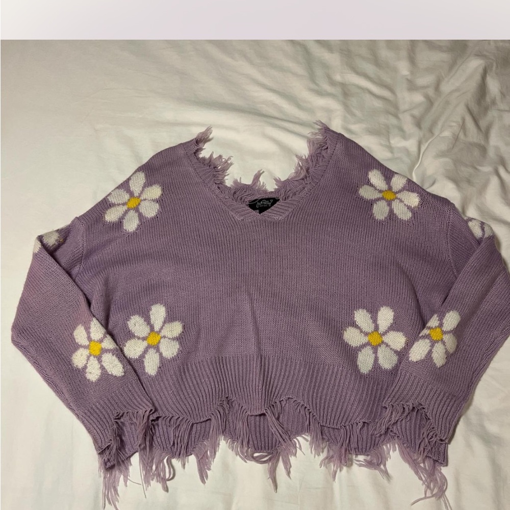 Purple Fringed Sweater with Daisy Design